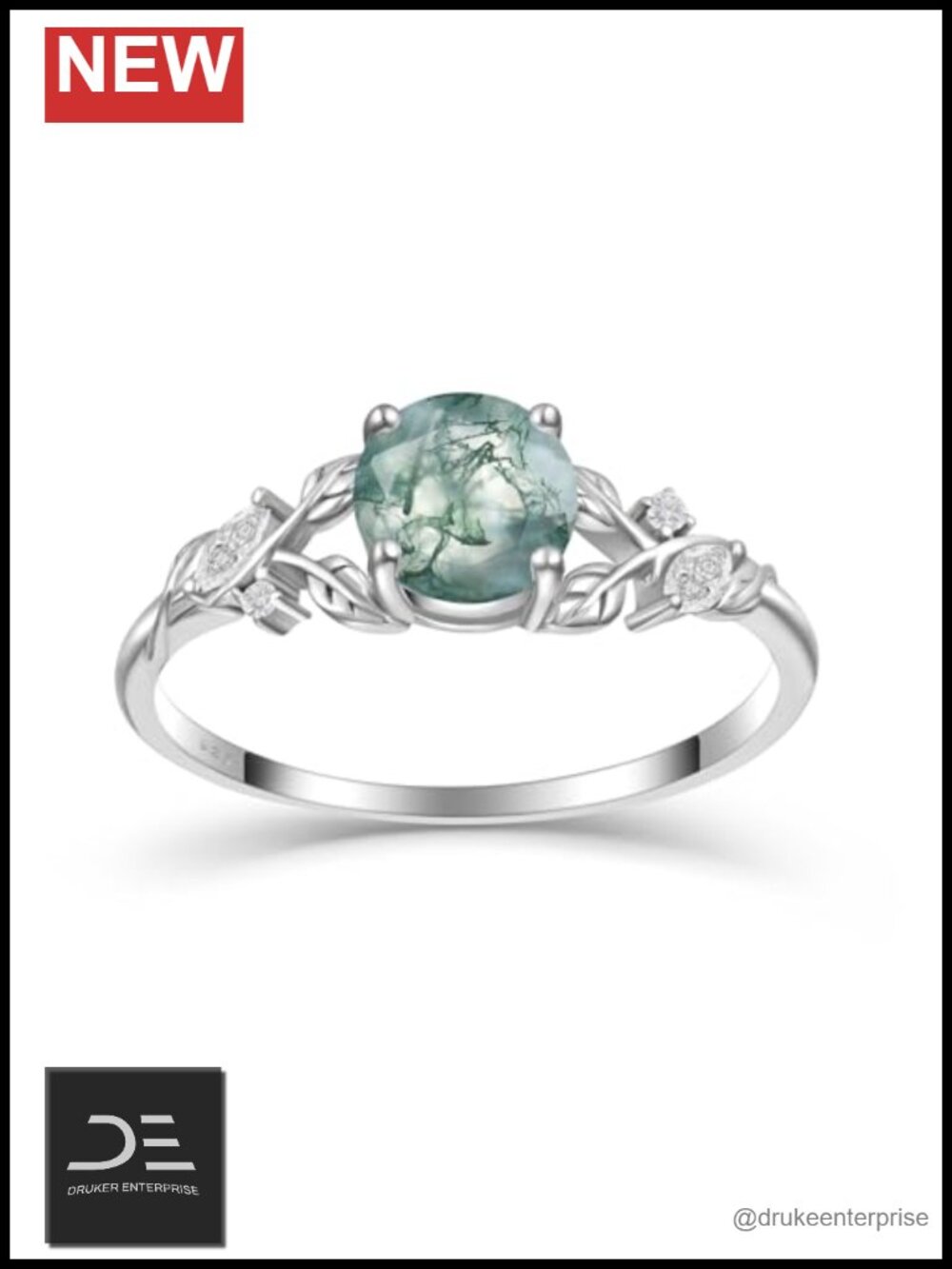 925 Sterling Silver Promise Ring Moss Agate Moissanite VVS1 Nature Leaf Vine